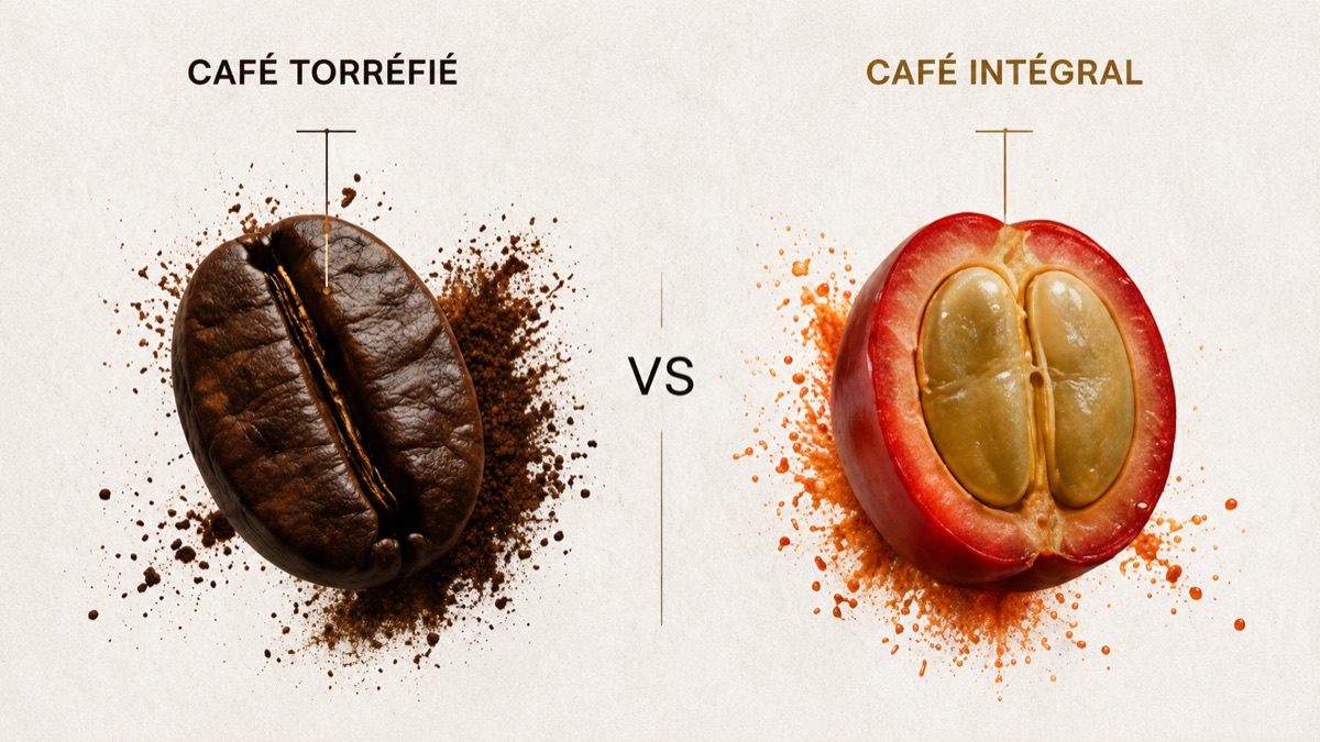 Comparaison visuelle entre café torréfié et café intégral