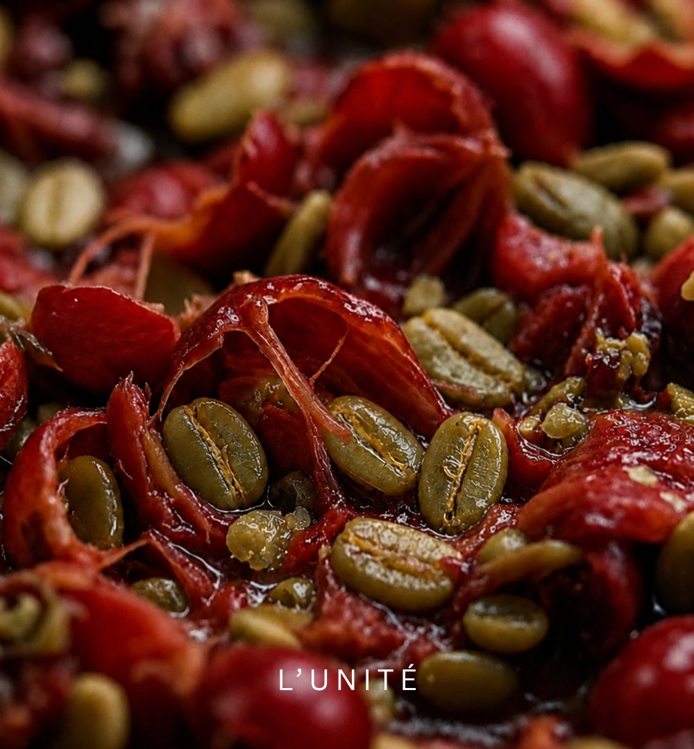 Cerises de café ouvertes révélant leur pulpe